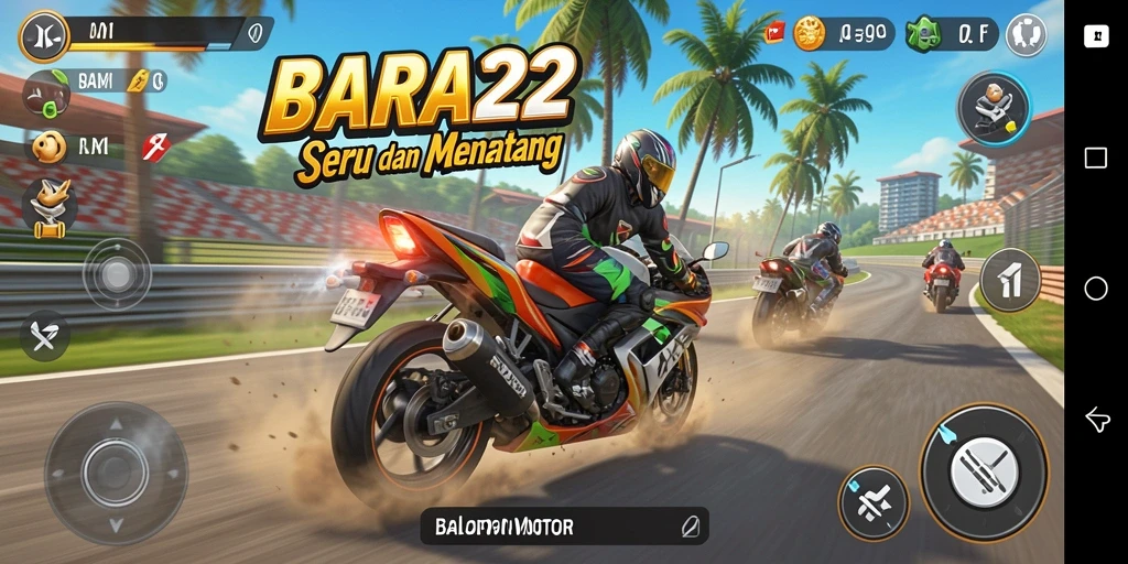 Tampilan gameplay seru BARA22 dengan balapan motor yang mendebarkan.