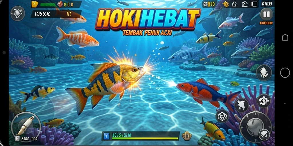 Screenshot HOKIHEBAT menampilkan aksi menangkap ikan yang seru.