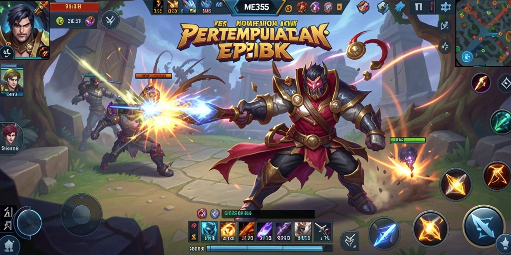 Screenshot gameplay ME355 yang menunjukkan aksi seru di arena MOBA.