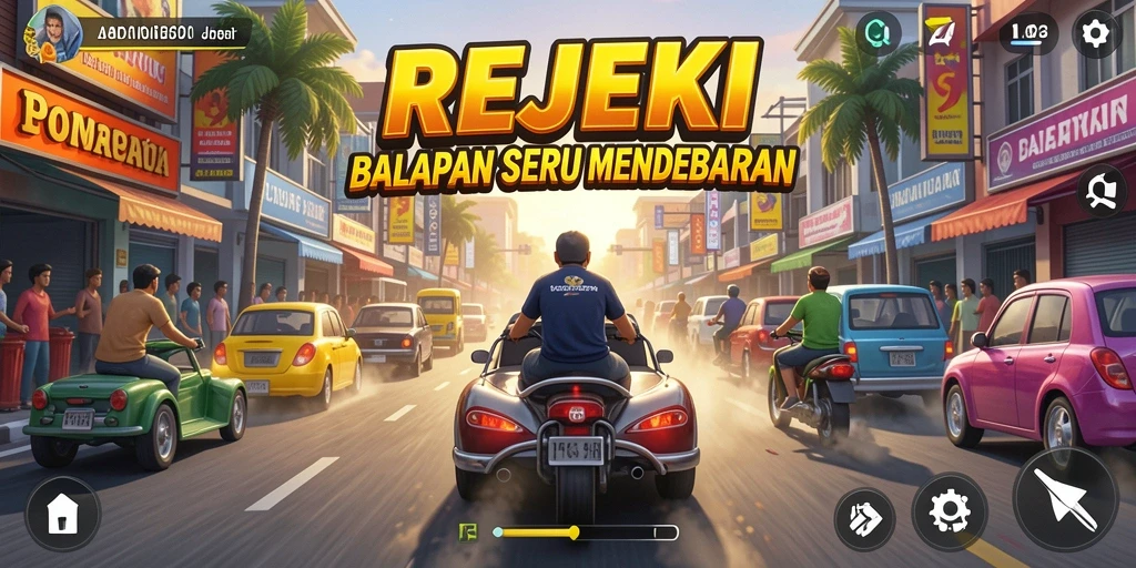 Screenshot utama menunjukkan intensitas balapan yang mendebarkan di REJEKI.
